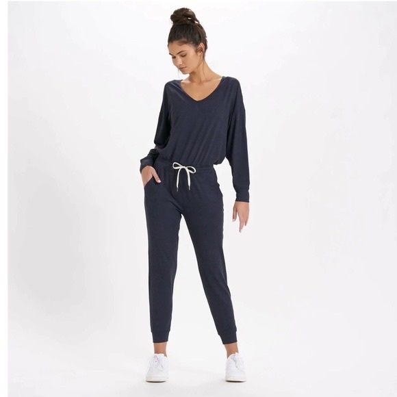 Vuori Pants - Vuori Lux All Day Jumpsuit Small Midnight Heather Navy Blue Long Sleeve V Neck